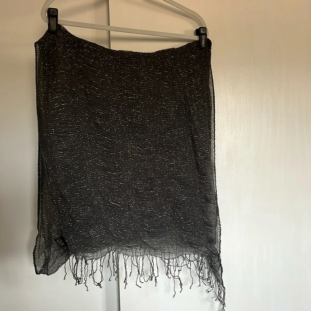Long gray scarf or wrap with metallic thread woven in | 88x20